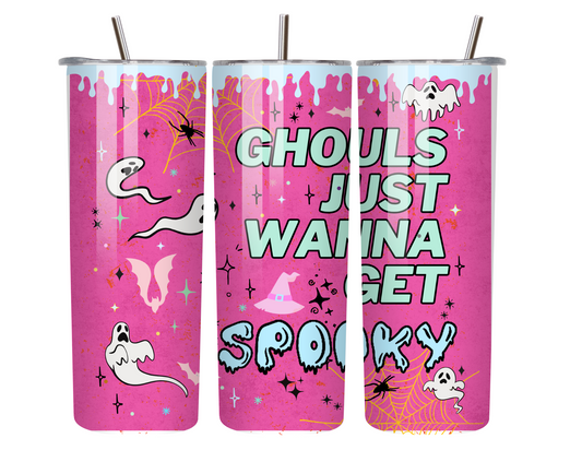 Ghouls Just Wanna Get Spooky – 20oz Pastel Pink Halloween Tumbler with Ghosts & Stars