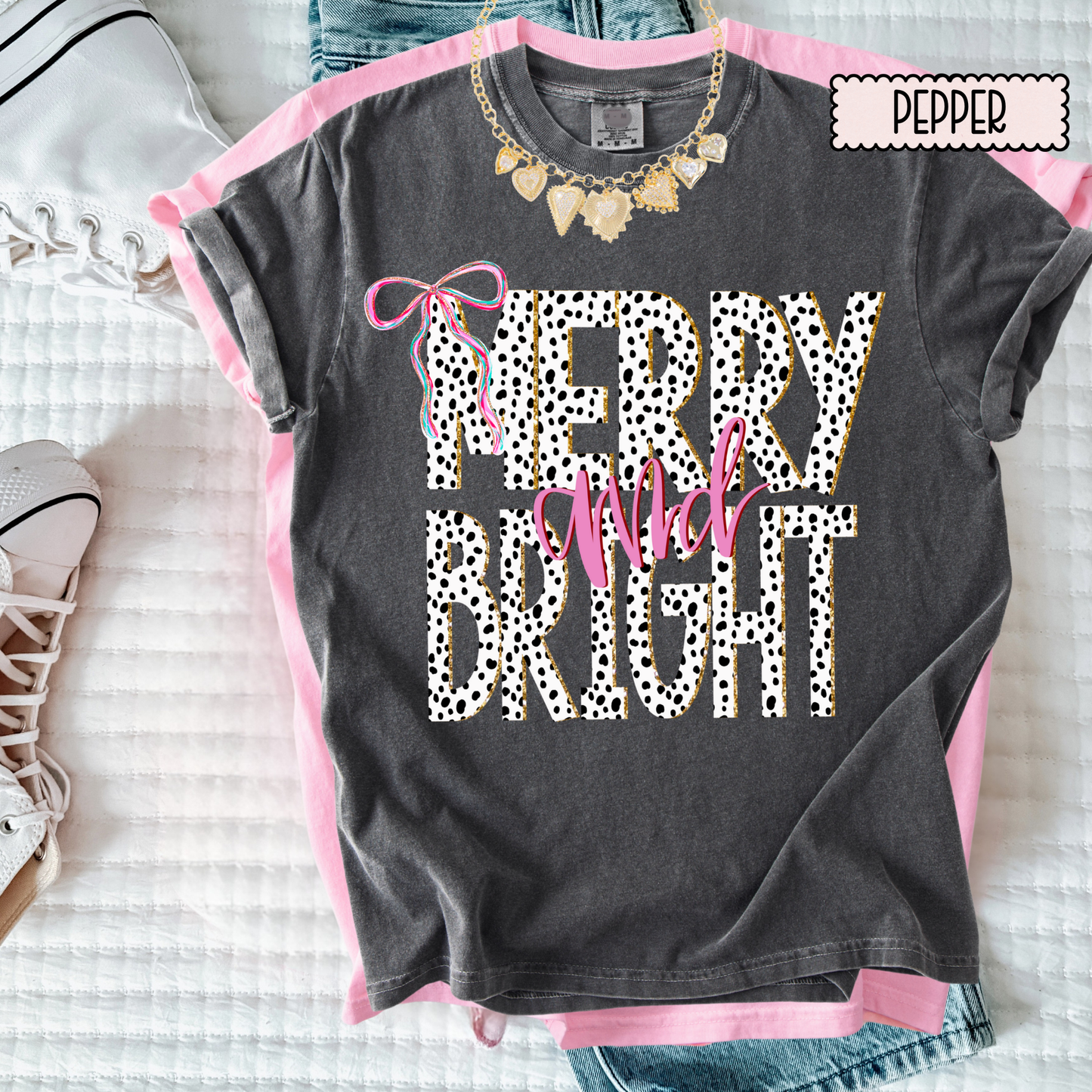 Merry & Bright Dalmatian Print Christmas Tee – Girly Holiday Graphic T-Shirt for Women