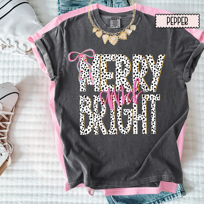 Merry & Bright Dalmatian Print Christmas Tee – Girly Holiday Graphic T-Shirt for Women