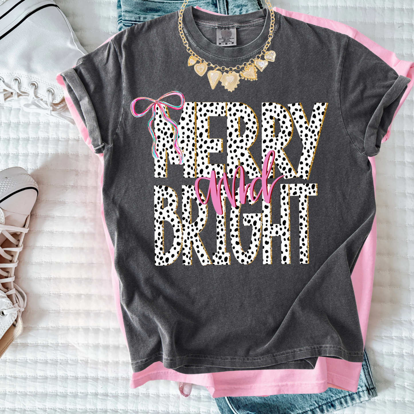 Merry & Bright Dalmatian Print Christmas Tee – Girly Holiday Graphic T-Shirt for Women