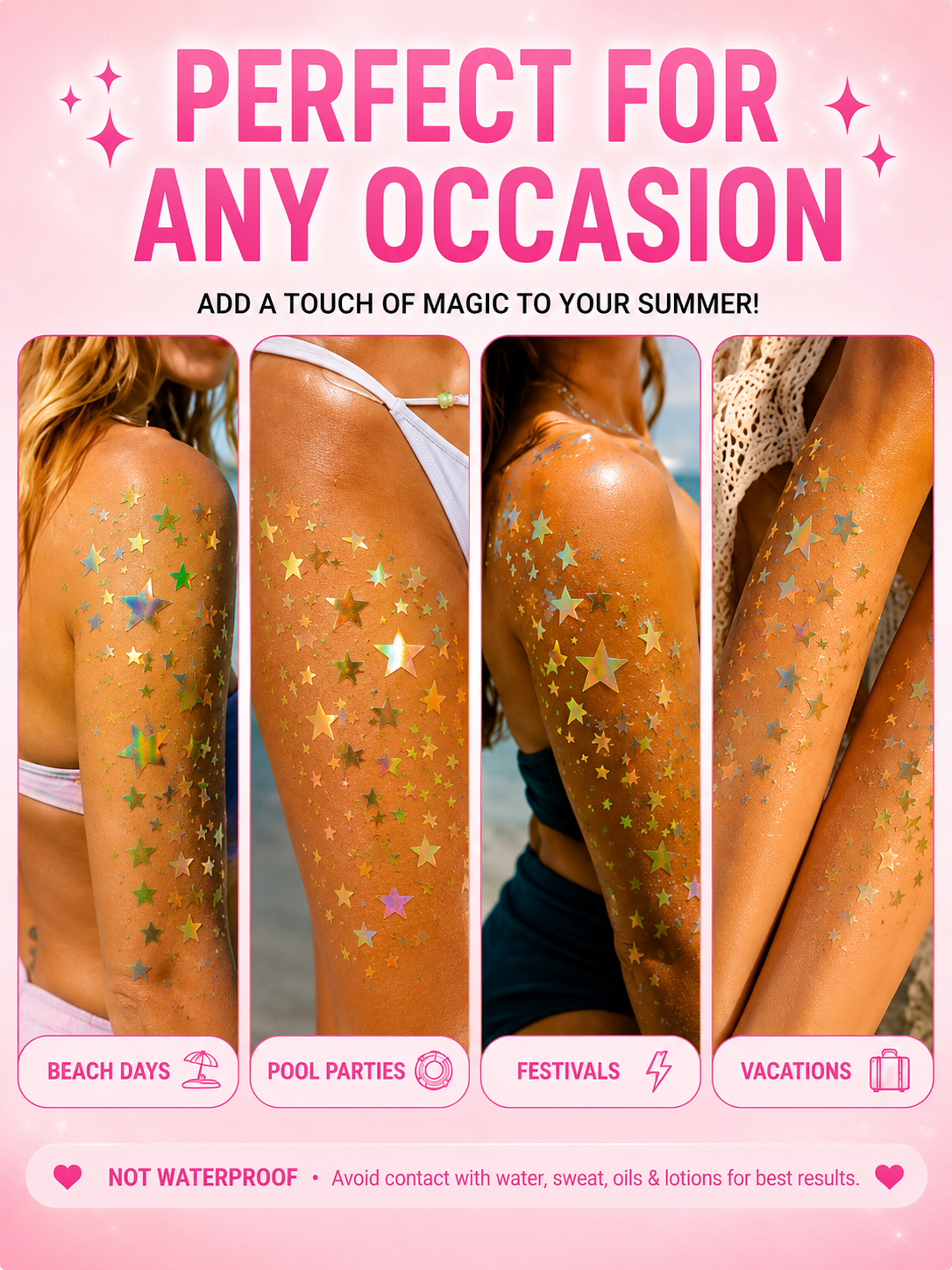 Holographic Star Print Tanning Stickers | 4pc Viral Sun Tattoo Set | Star Aesthetic Shimmer Vinyl Body Decals
