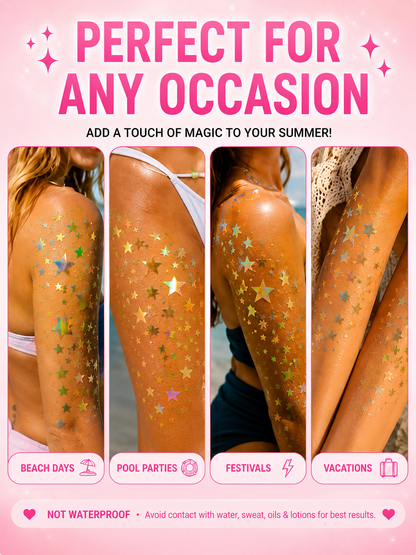 Holographic Star Print Tanning Stickers | 4pc Viral Sun Tattoo Set | Star Aesthetic Shimmer Vinyl Body Decals