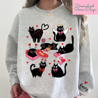 Personalized Valentine Black Cat Sweatshirt | Custom Cat Name Sleeve | Cute Valentine Sweatshirt for Women