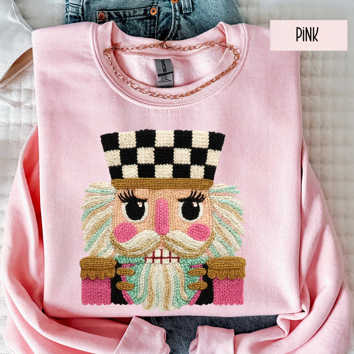 Faux Yarn Nutcracker Christmas Sweatshirt | Cozy Holiday Crewneck | Cute Seasonal Sweater