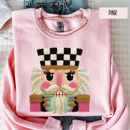 Faux Yarn Nutcracker Christmas Sweatshirt | Cozy Holiday Crewneck | Cute Seasonal Sweater