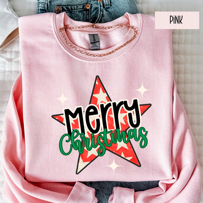 Merry Christmas Star Sweatshirt | Retro Christmas Graphic Crewneck | Cute Holiday Sweatshirt for Women
