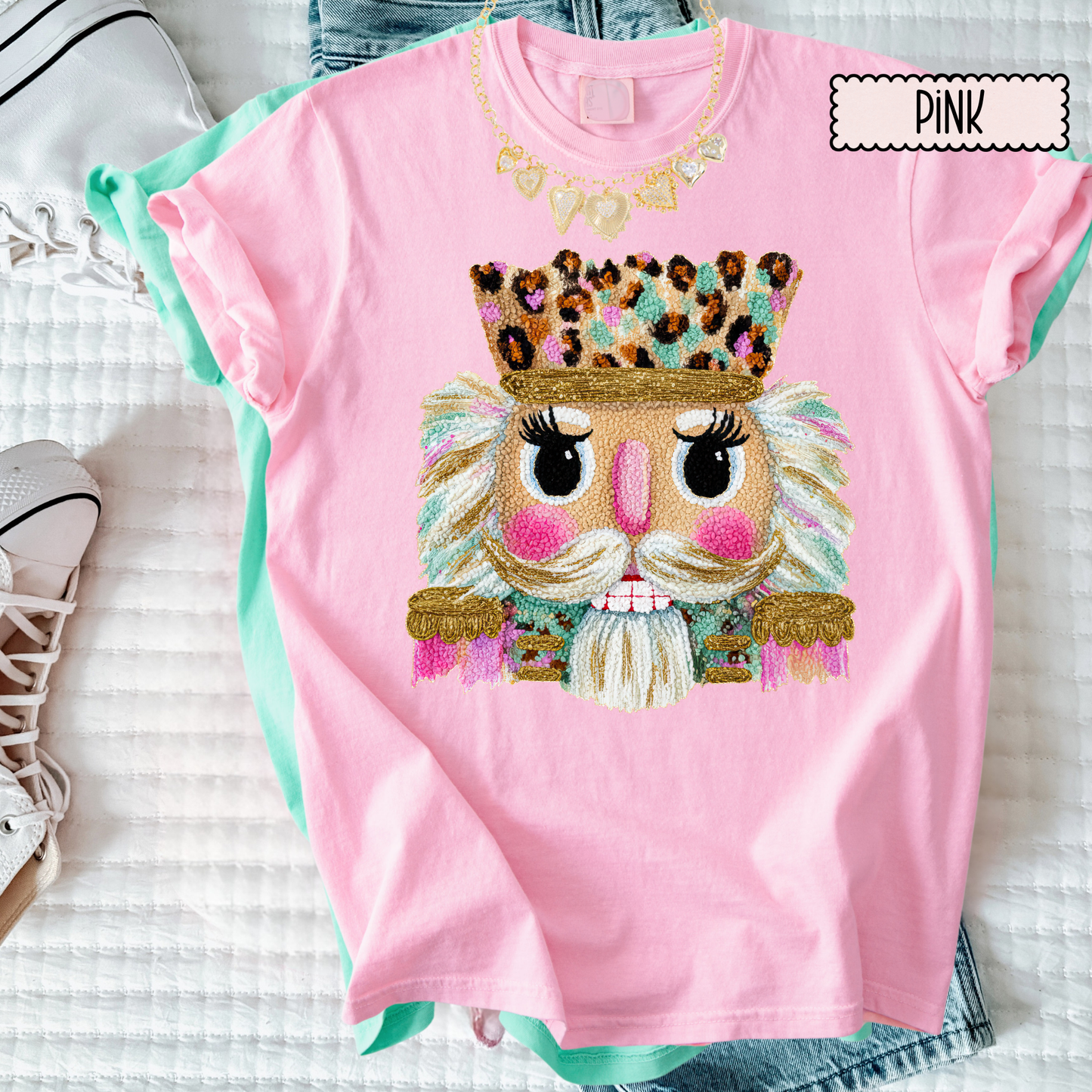 Leopard Crown Nutcracker Christmas T-Shirt – Girly Holiday Graphic Tee for Women