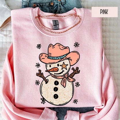 Western Cowboy Snowman Christmas Sweatshirt – Holiday Cowgirl Country Crewneck