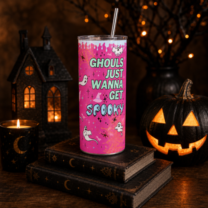 Ghouls Just Wanna Get Spooky – 20oz Pastel Pink Halloween Tumbler with Ghosts & Stars