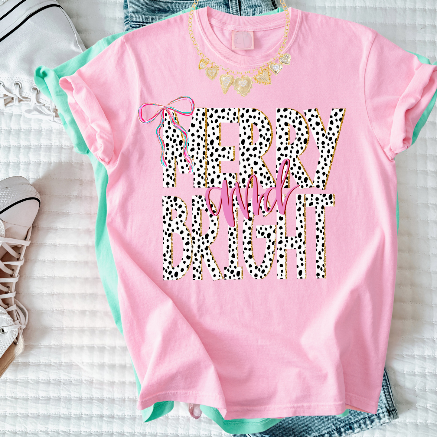 Merry & Bright Dalmatian Print Christmas Tee – Girly Holiday Graphic T-Shirt for Women