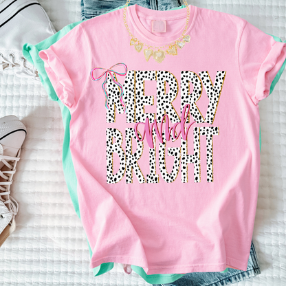 Merry & Bright Dalmatian Print Christmas Tee – Girly Holiday Graphic T-Shirt for Women