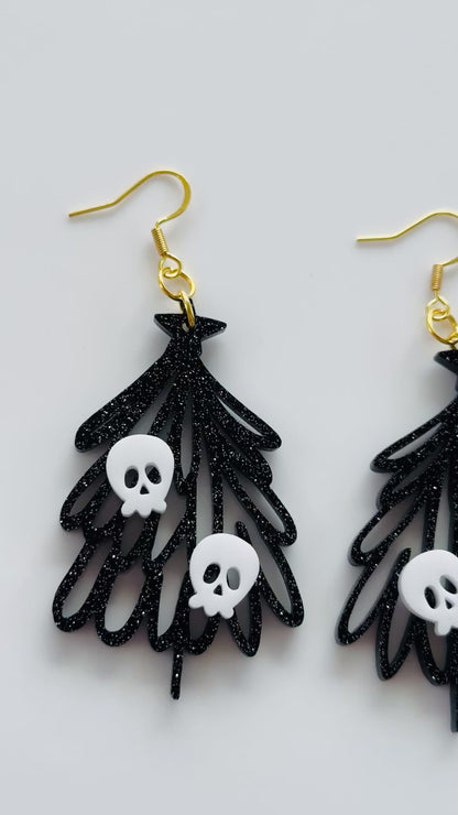Spooky Christmas Tree Skull Earrings | Black Glitter Acrylic Dangle Earrings | Holiday Goth Jewelry Women