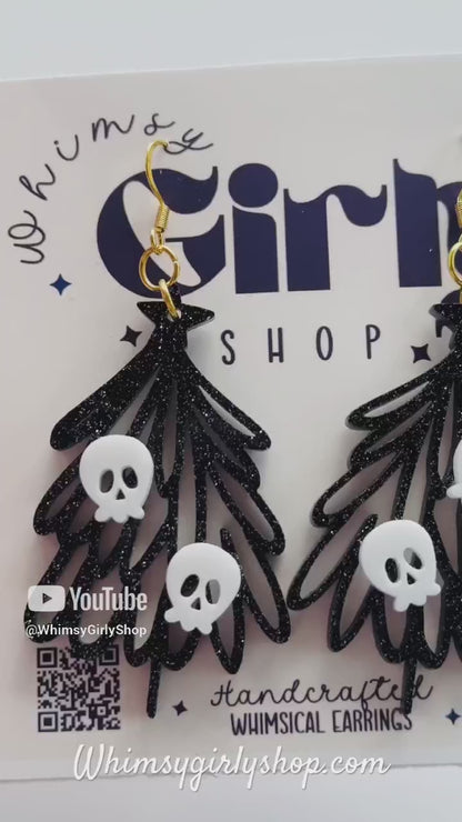 Spooky Christmas Tree Skull Earrings | Black Glitter Acrylic Dangle Earrings | Holiday Goth Jewelry Women