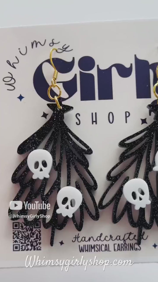 Spooky Christmas Tree Skull Earrings | Black Glitter Acrylic Dangle Earrings | Holiday Goth Jewelry Women