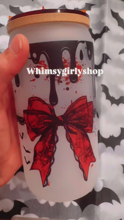 Spooky Bow Coquette Glass Cup with Spider Topper
