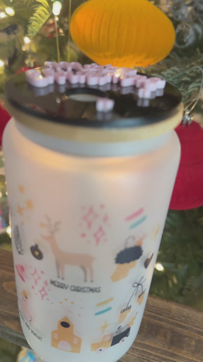 Merry & Bright Christmas Icons | Frosted 16oz Glass Can with Lid | Women’s Holiday Cup
