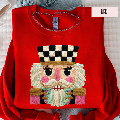 Faux Yarn Nutcracker Christmas Sweatshirt | Cozy Holiday Crewneck | Cute Seasonal Sweater