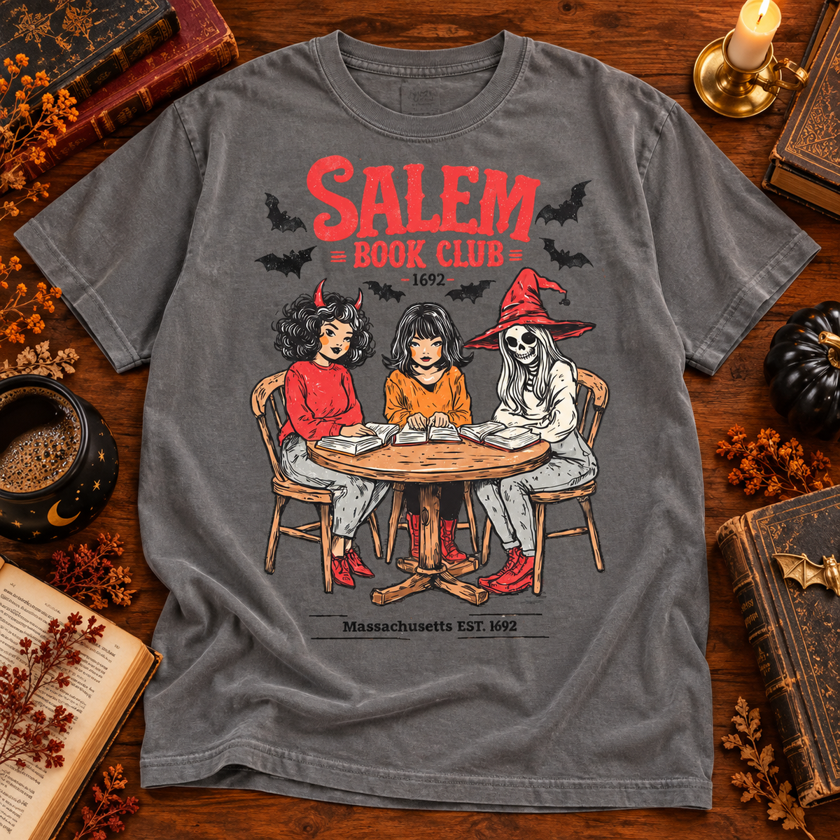 Gray Comfort Colors Halloween T-shirt featuring Salem Book Club Witches Reading