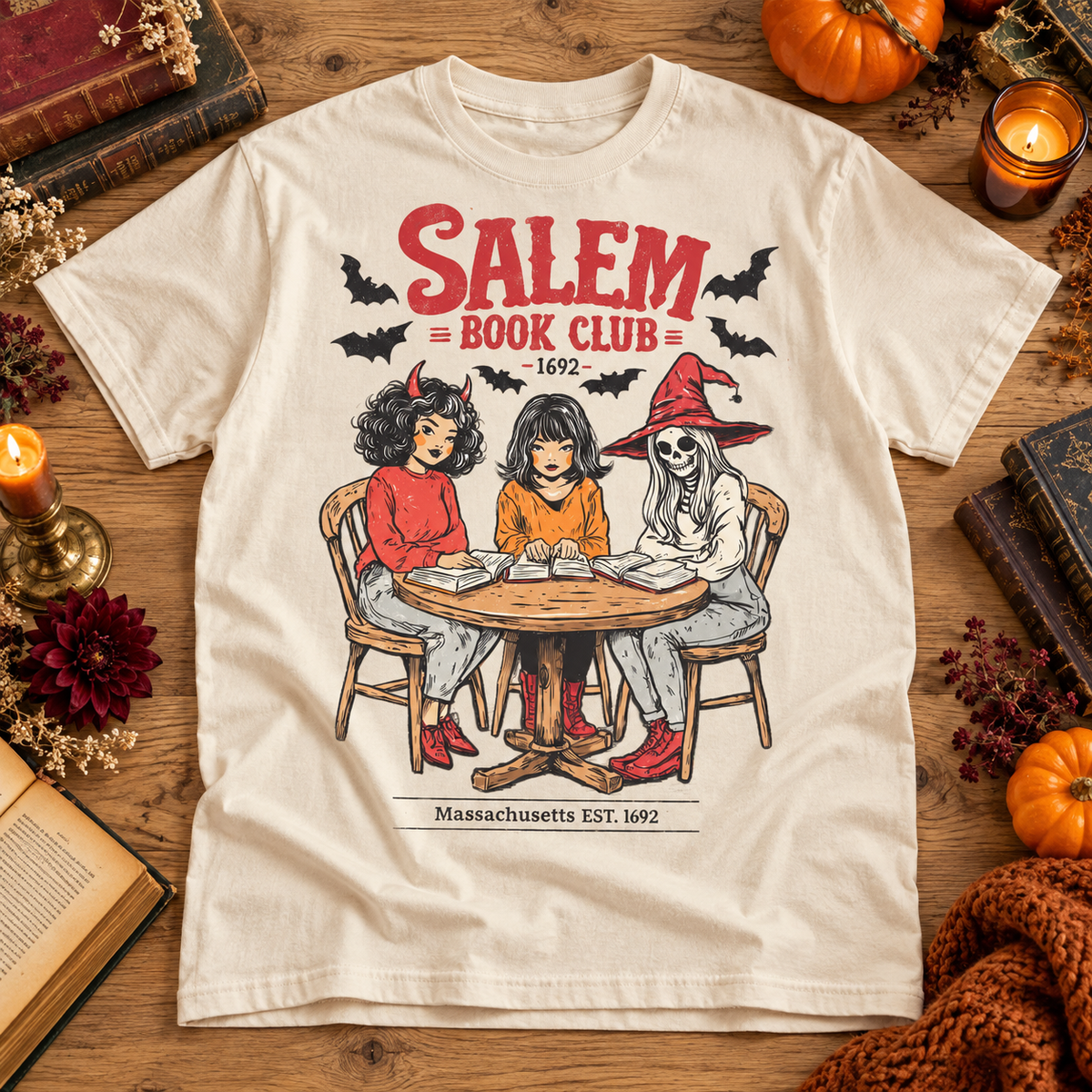 Ivory Comfort Colors Halloween T-shirt featuring Salem Book Club Witches Reading