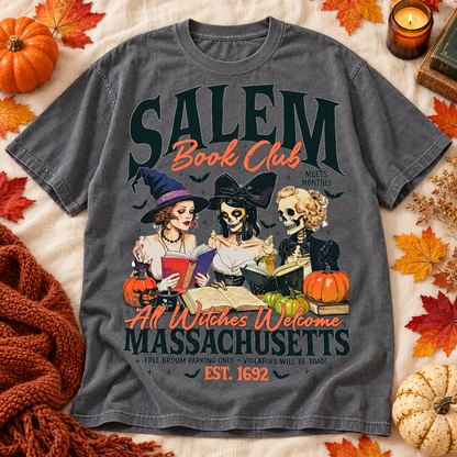 Gray Comfort Colors Halloween T-shirt featuring Salem Book Club All Witches Welcome