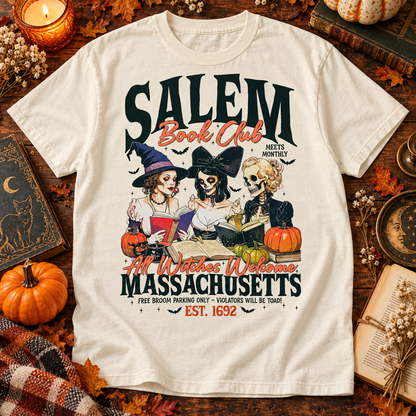 Ivory Comfort Colors Halloween T-shirt featuring Salem Book Club All Witches Welcome