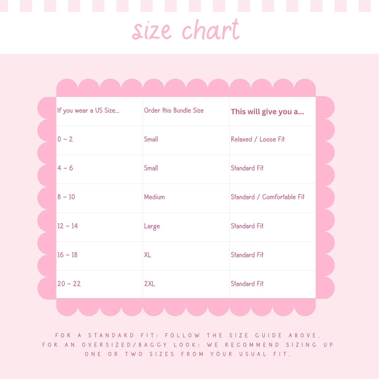 Size chart for clothing on a pink background