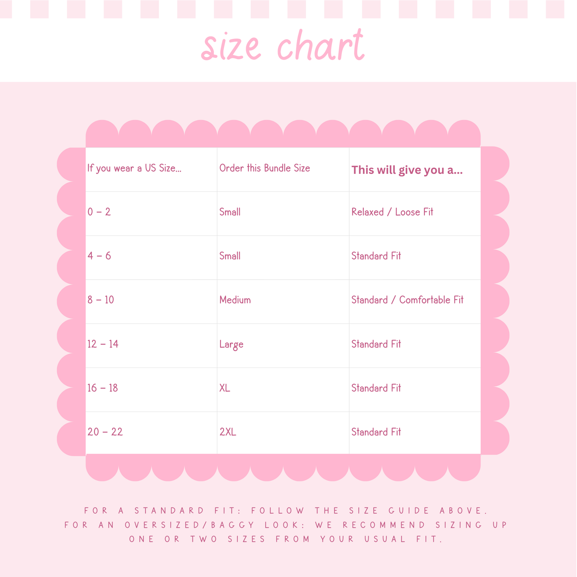 Size chart for clothing on a pink background