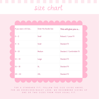 Size chart for clothing on a pink background
