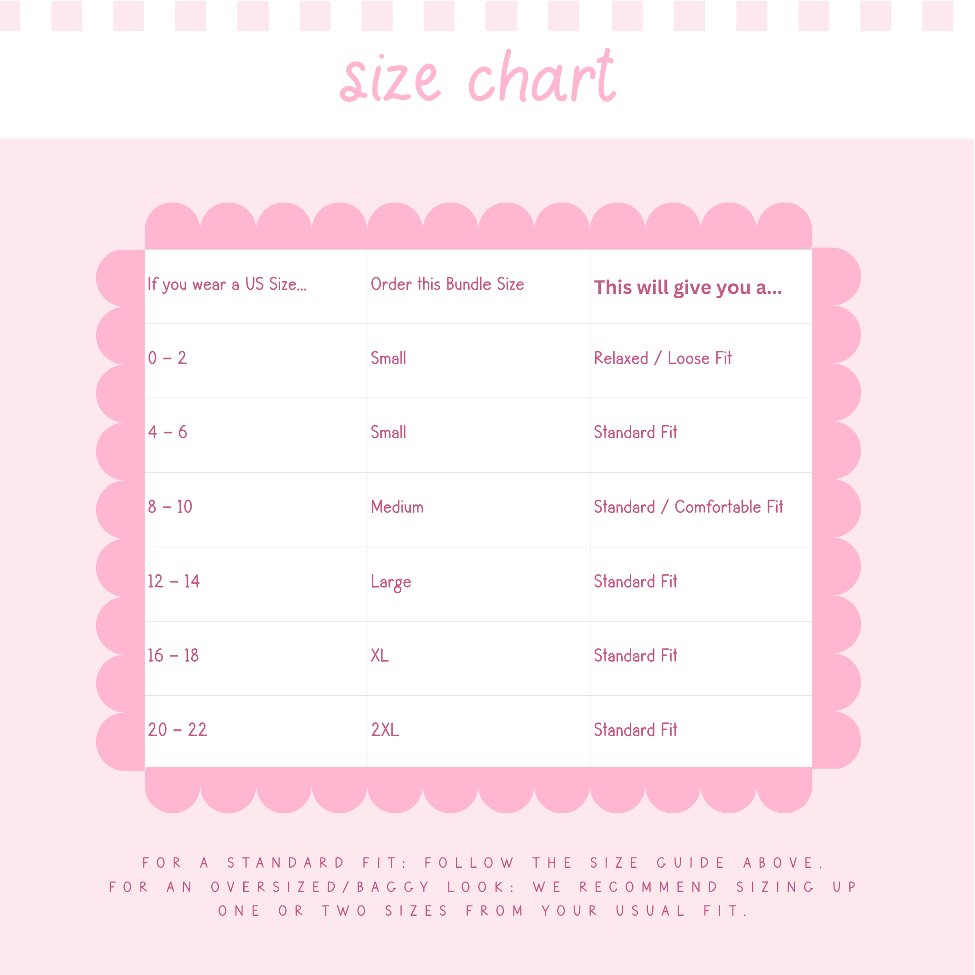 Size chart for clothing on a pink background