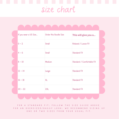 Size chart for clothing on a pink background