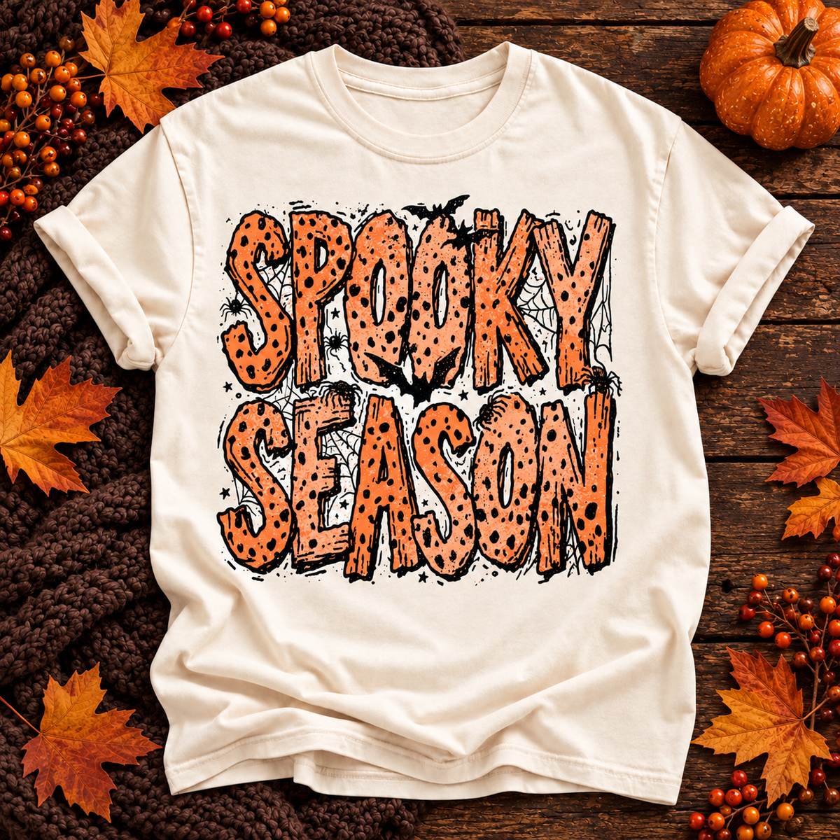 spooky season Halloween T-shirt in Ivory, solid boutique flat lay background