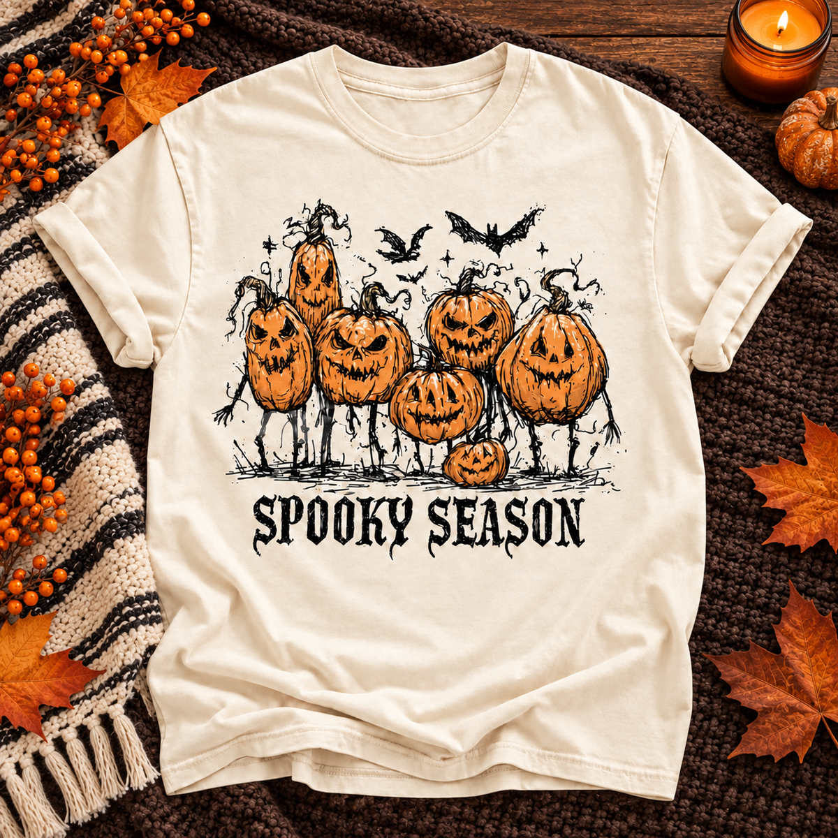 Ivory T-shirt with a group of walking jack-o'-lanterns beneath bats and Spooky Season lettering