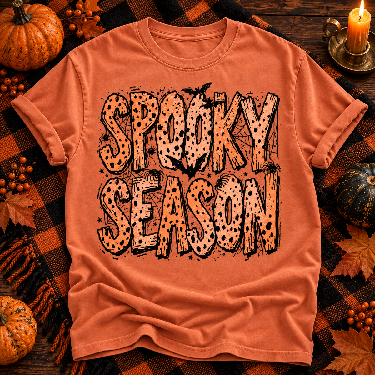 spooky season Halloween T-shirt in Yam, solid boutique flat lay background