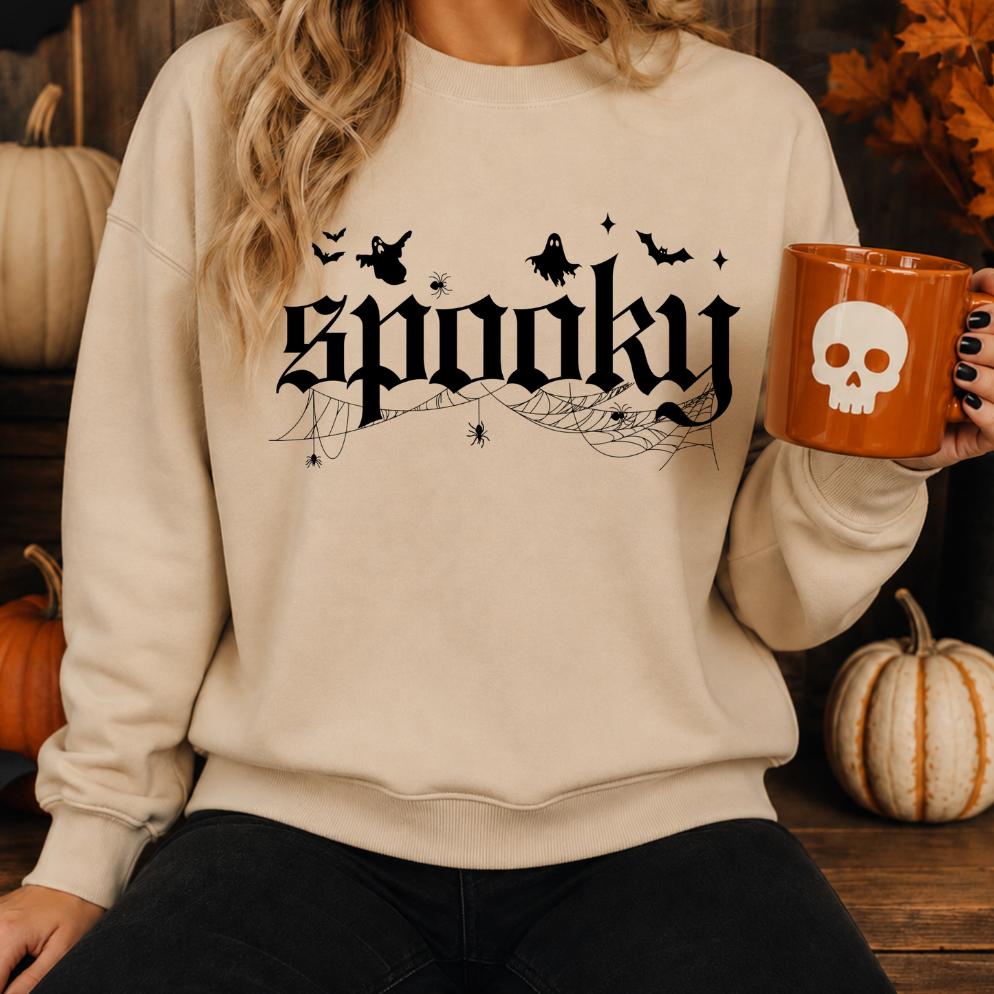 A woman wearing a cream-colored crewneck sweatshirt with a black gothic 'spooky' graphic, holding an orange mug with a white skull, set against a rustic autumn background with pumpkins.