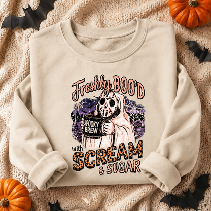 Freshly Boo’d Scream & Sugar Halloween Sweatshirt | Spooky Coffee Ghost Crewneck