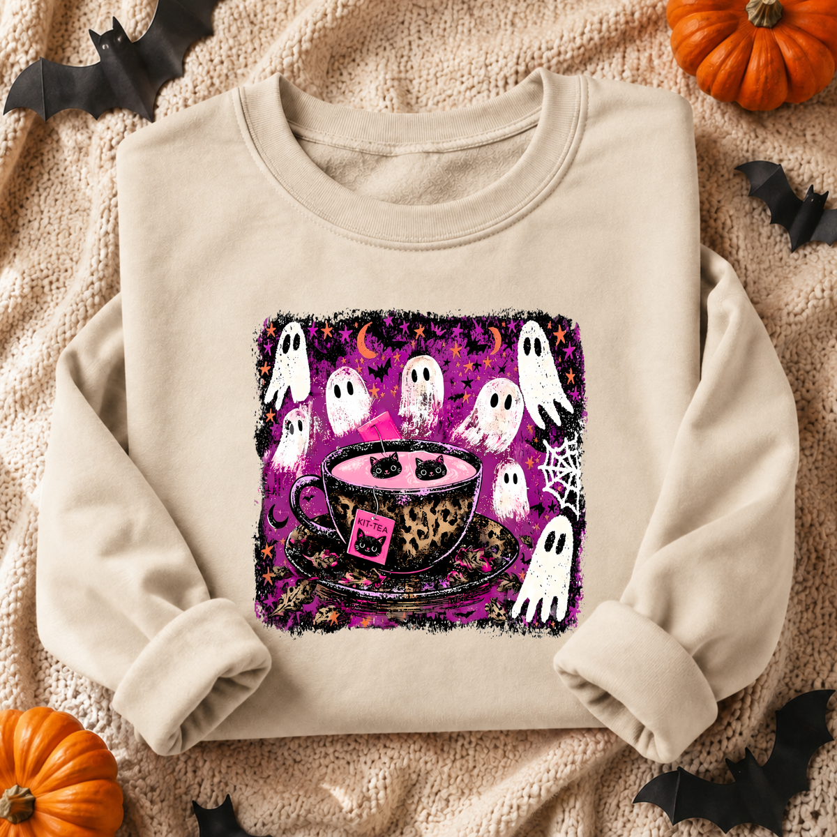 Kitty Tea Halloween Sweatshirt | Pink Spooky Cat & Ghost Crewneck