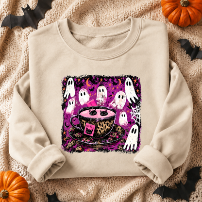 Kitty Tea Halloween Sweatshirt | Pink Spooky Cat & Ghost Crewneck