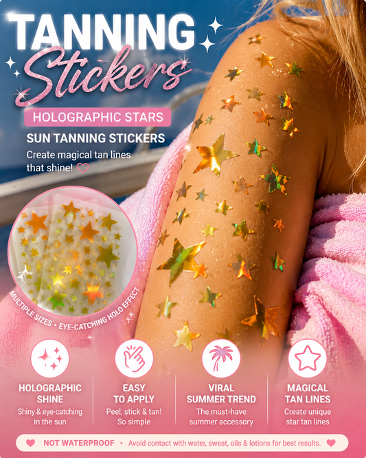 Holographic Star Print Tanning Stickers | 4pc Viral Sun Tattoo Set | Star Aesthetic Shimmer Vinyl Body Decals
