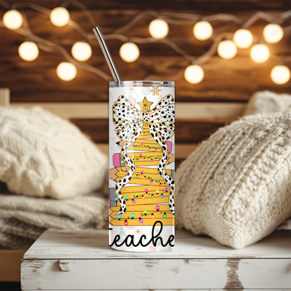 Teacher Christmas Tree Tumbler | Dalmatian Bow Holiday Cup | 20 oz Stainless Steel Teacher Gift