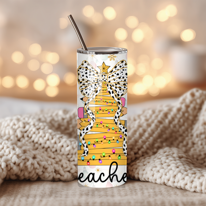 Teacher Christmas Tree Tumbler | Dalmatian Bow Holiday Cup | 20 oz Stainless Steel Teacher Gift