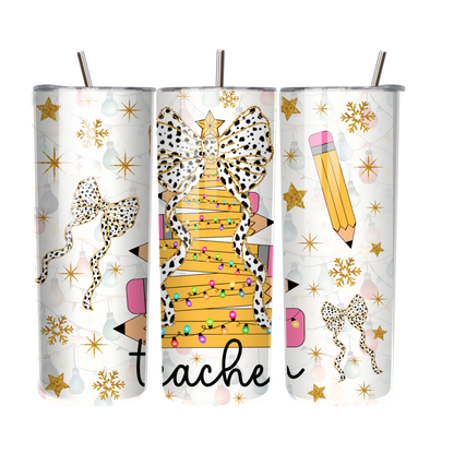 Teacher Christmas Tree Tumbler | Dalmatian Bow Holiday Cup | 20 oz Stainless Steel Teacher Gift