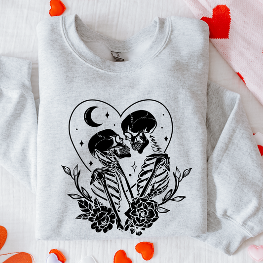 Gray sweatshirt with black skeleton design on a white background