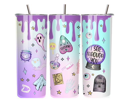 Mystic Drip – 20oz Pastel Purple Halloween Tumbler with Spooky Icons