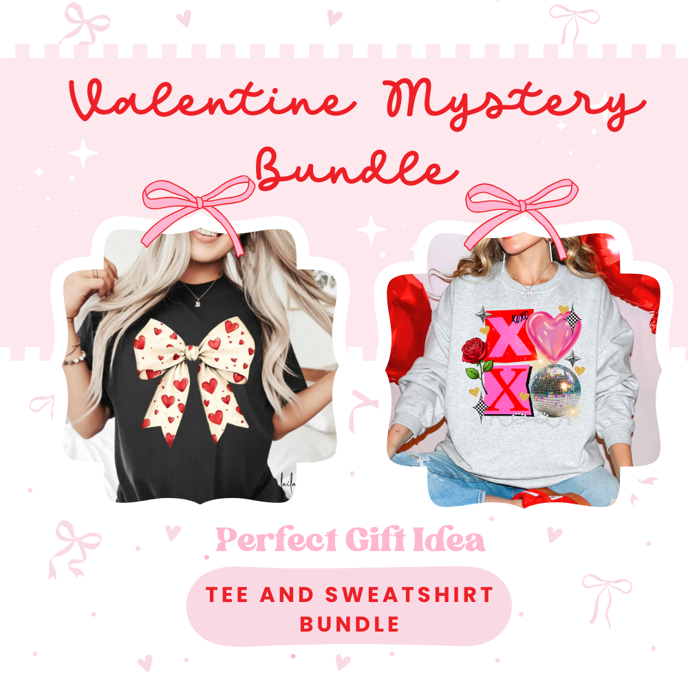 Valentine's Day mystery bundle featuring pink sweatshirt and t-shirt with aesthetic graphic designs.