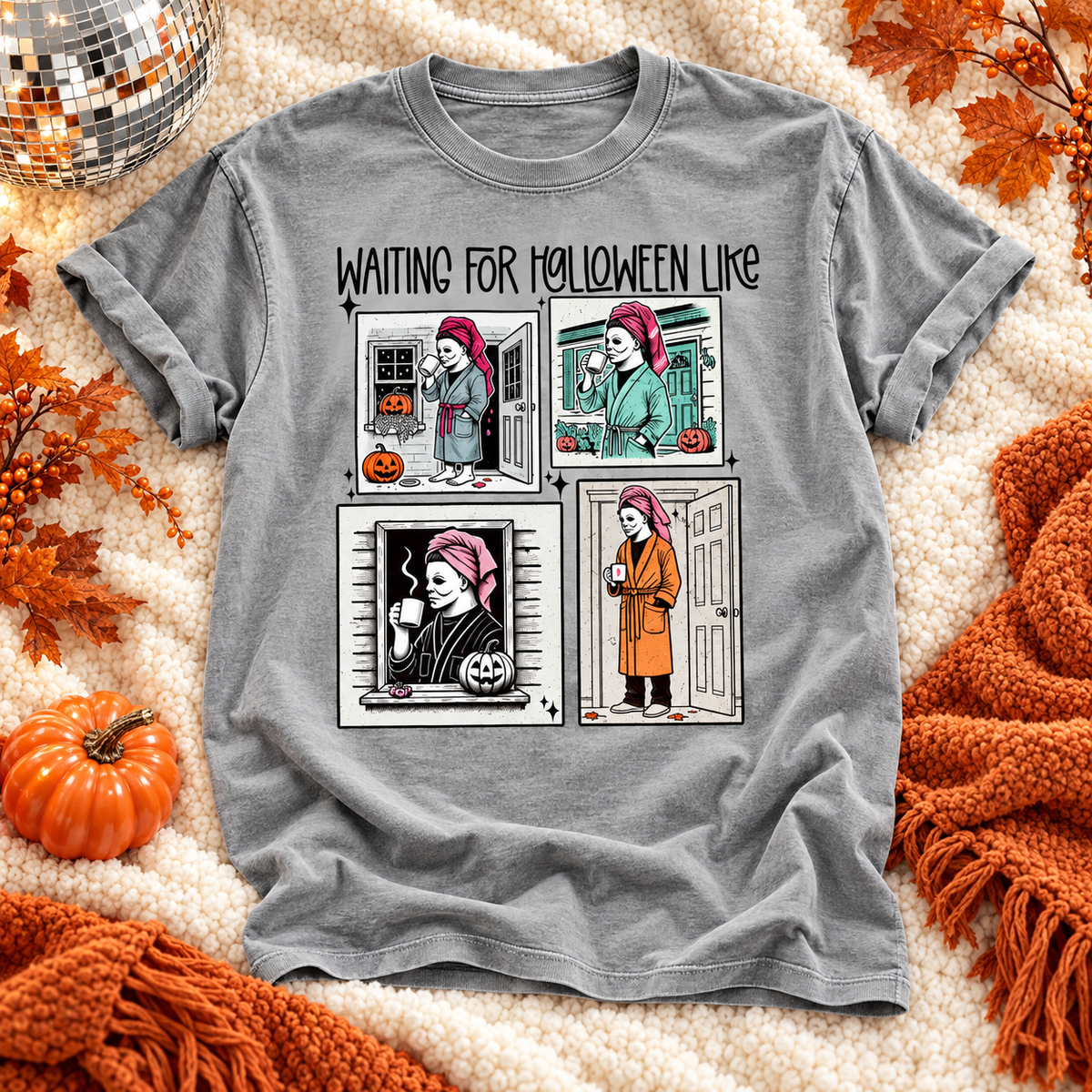 Gray Waiting for Halloween Like T-shirt with four comic-style panels of a girl waiting for Halloween
