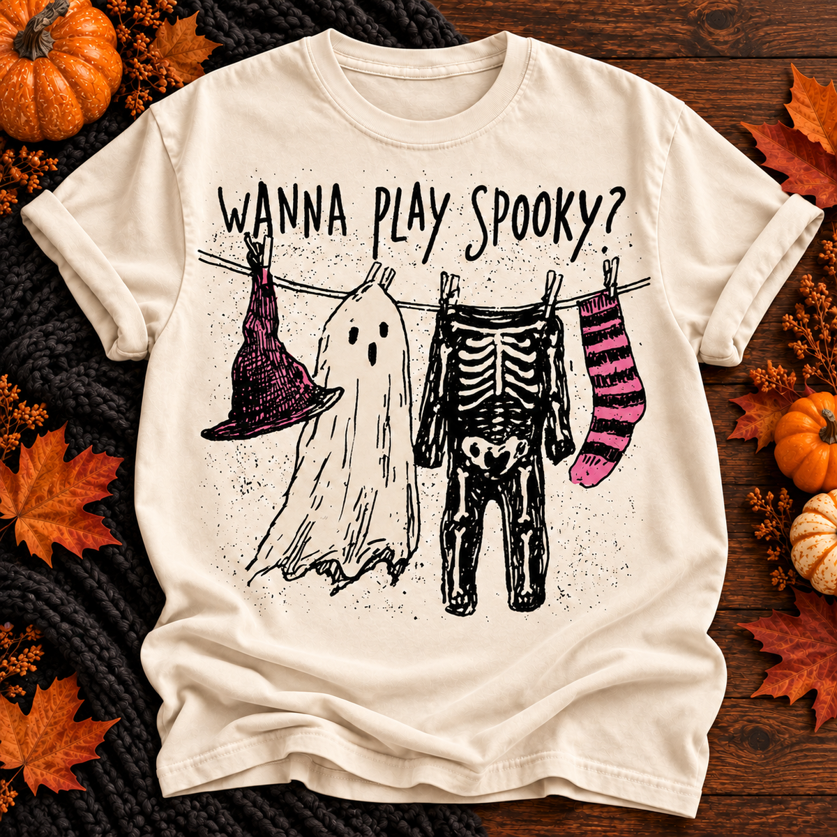 wanna play Halloween T-shirt in Ivory, solid boutique flat lay background
