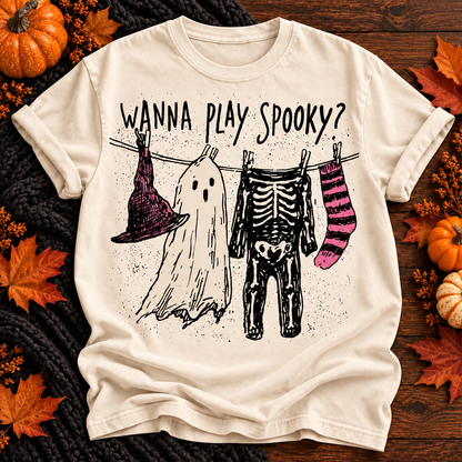 wanna play Halloween T-shirt in Ivory, solid boutique flat lay background