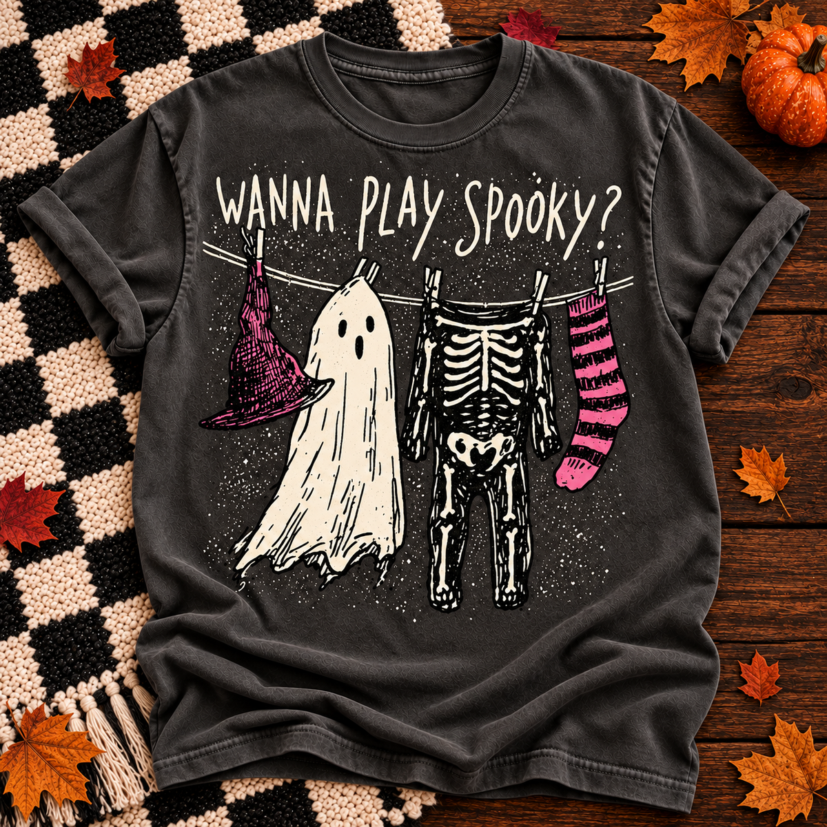 wanna play Halloween T-shirt in Pepper, solid boutique flat lay background