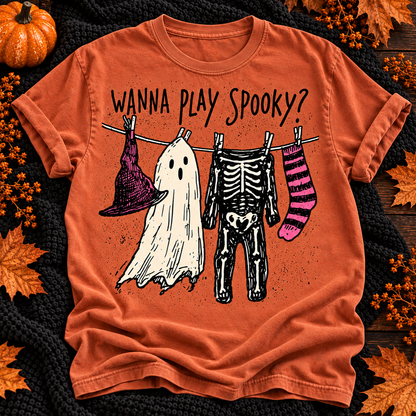 wanna play Halloween T-shirt in Yam, solid boutique flat lay background