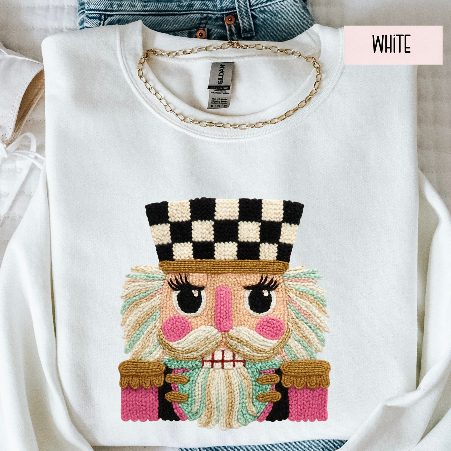 Faux Yarn Nutcracker Christmas Sweatshirt | Cozy Holiday Crewneck | Cute Seasonal Sweater